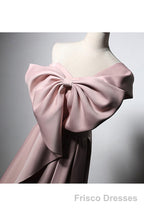 Pink Satin With Bow A-Line Long Formal Prom Dress, Pink Satin Formal Dress Party Dress