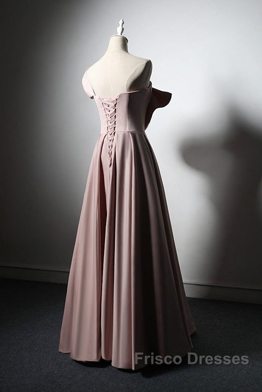 Pink Satin With Bow A-Line Long Formal Prom Dress, Pink Satin Formal Dress Party Dress