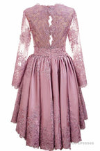 Pink Satin With Lace Applique High Low Homecoming Dress, Pink Short Prom Dress
