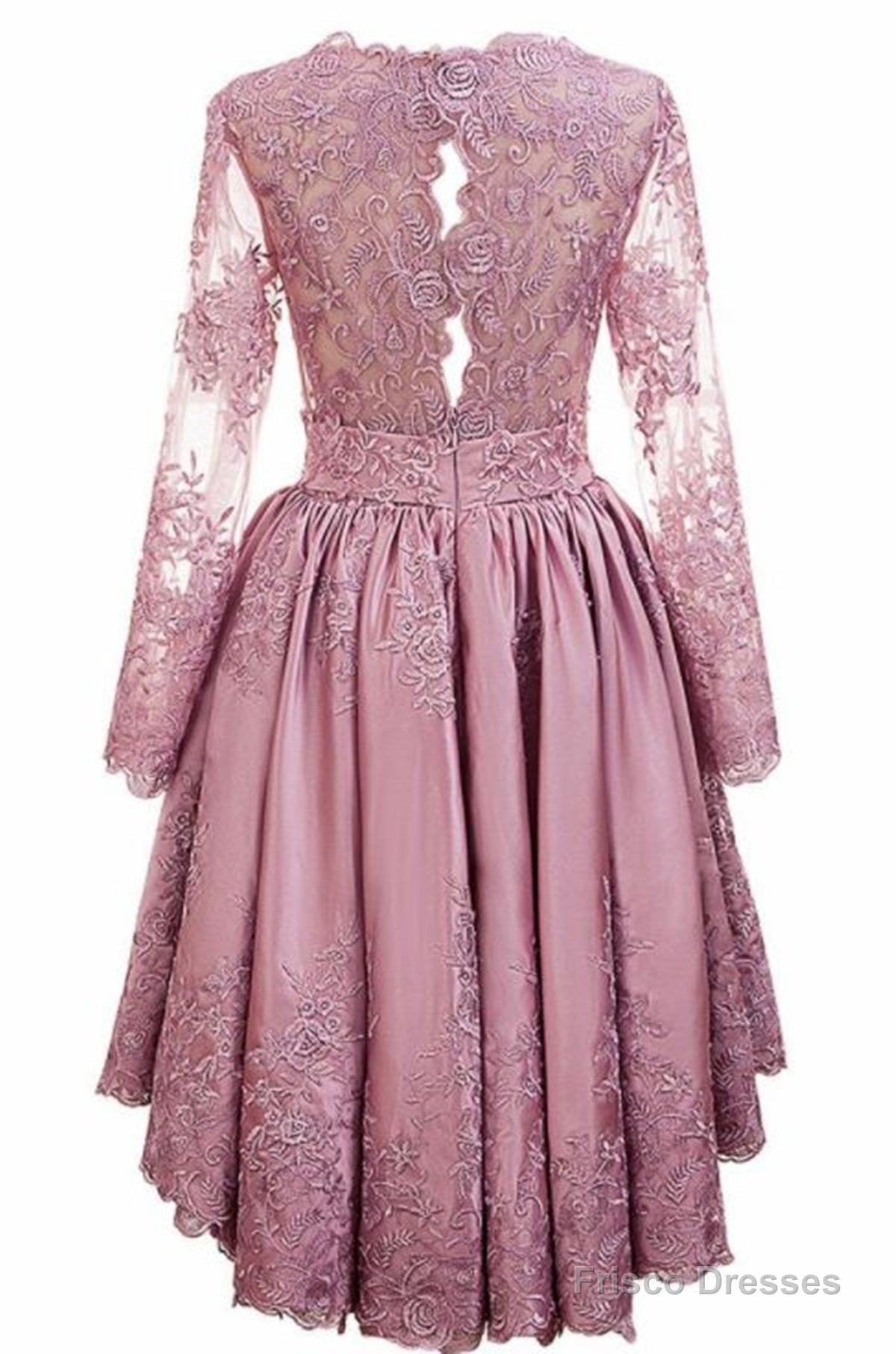 Pink Satin With Lace Applique High Low Homecoming Dress, Pink Short Prom Dress