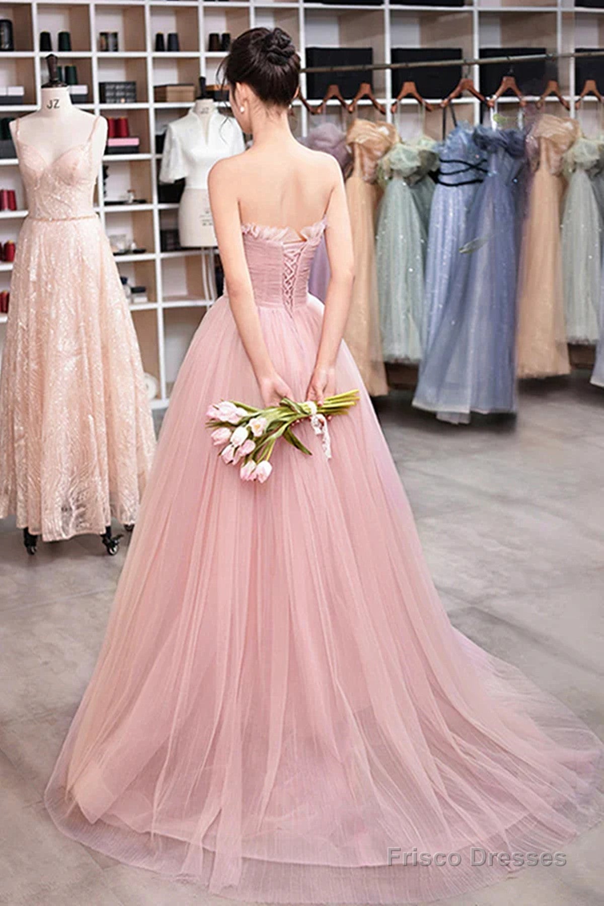 Pink Scoop Lace-Up Tulle Long Prom Dress, Pink Tulle Evening Dress Party Dress Secondary image