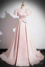 Pink Scoop Neckline Satin Floor Length Prom Dress, Pink Short Sleeve A-Line Party Dress