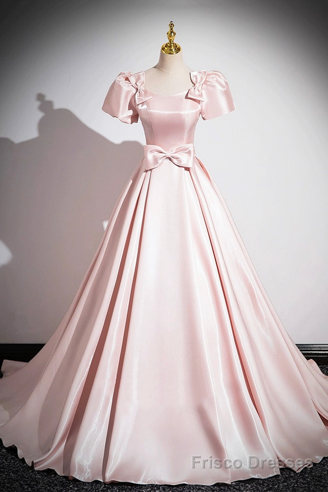 Pink Scoop Neckline Satin Floor Length Prom Dress, Pink Short Sleeve A-Line Party Dress Main image