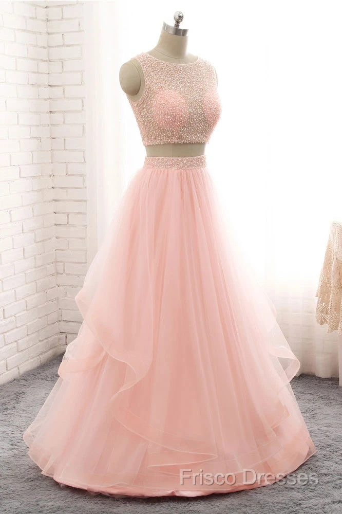 Pink See Through Tulle Beading Strapless Two Piece Formal Prom Dress