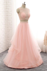 Pink See Through Tulle Beading Strapless Two Piece Prom Dress