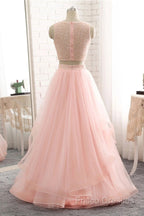 Pink See Through Tulle Beading Strapless Two Piece Formal Prom Dress