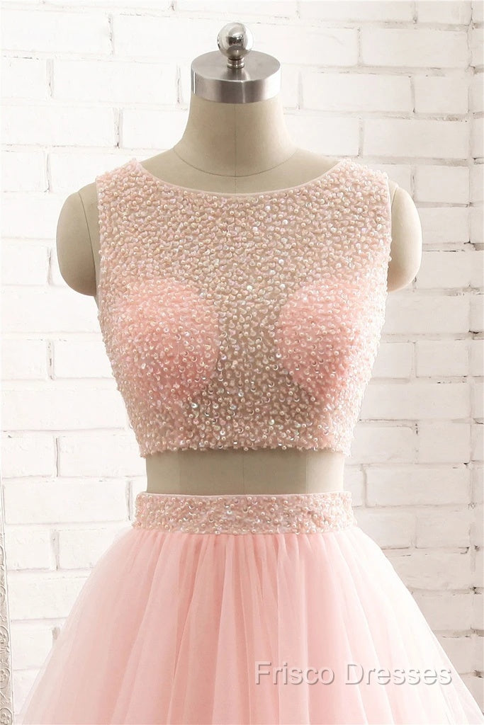 Pink See Through Tulle Beading Strapless Two Piece Formal Prom Dress