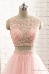 Pink See Through Tulle Beading Strapless Two Piece Prom Dress