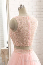 Pink See Through Tulle Beading Strapless Two Piece Formal Prom Dress