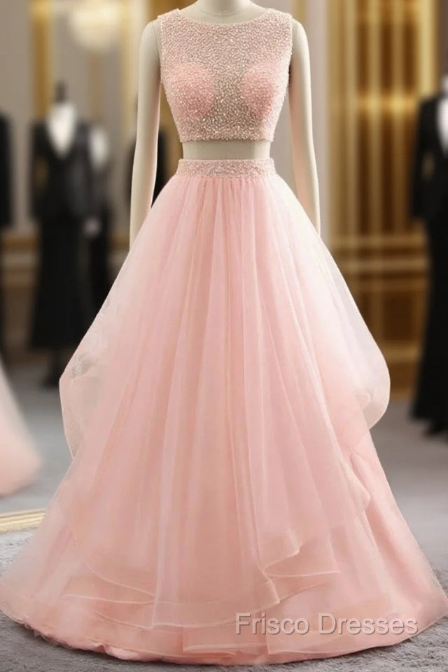 Pink See Through Tulle Beading Strapless Two Piece Formal Prom Dress