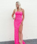 Pink Sequin Long Prom Dress Strapless Mermaid Evening Party Gown