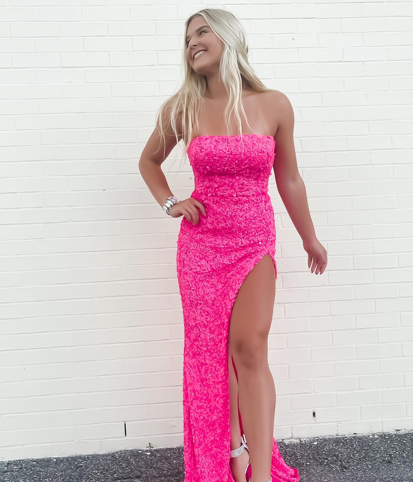 Pink Sequin Long Prom Dress Strapless Mermaid Evening Party Gown