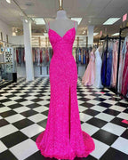 Pink Sequin Long Prom Dresses Spaghetti Straps Evening Party Gown
