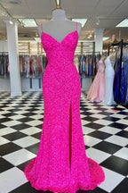 Pink Sequin Long Prom Dresses Spaghetti Straps Evening Party Gown