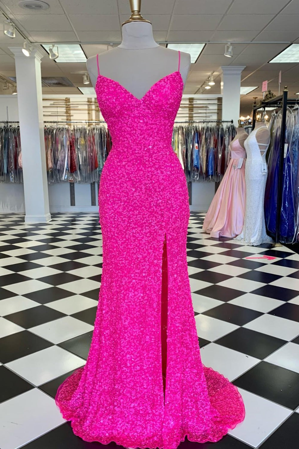 Pink Sequin Long Prom Dresses Spaghetti Straps Evening Party Gown