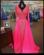 Pink Sequin Formal Prom Dress Long Sleeves V Neck Formal Gowns With Train
