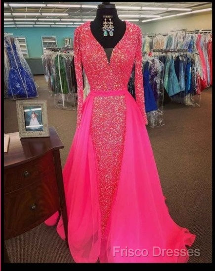 Pink Sequin Formal Prom Dress Long Sleeves V Neck Formal Gowns With Train