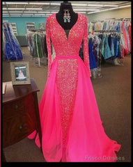 Pink Sequin Prom Dresses Long Sleeves V Neck Evening Gowns With Train