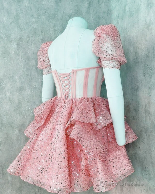 Pink Sequin Ruffles Corset Back Homecoming Dress Secondary image