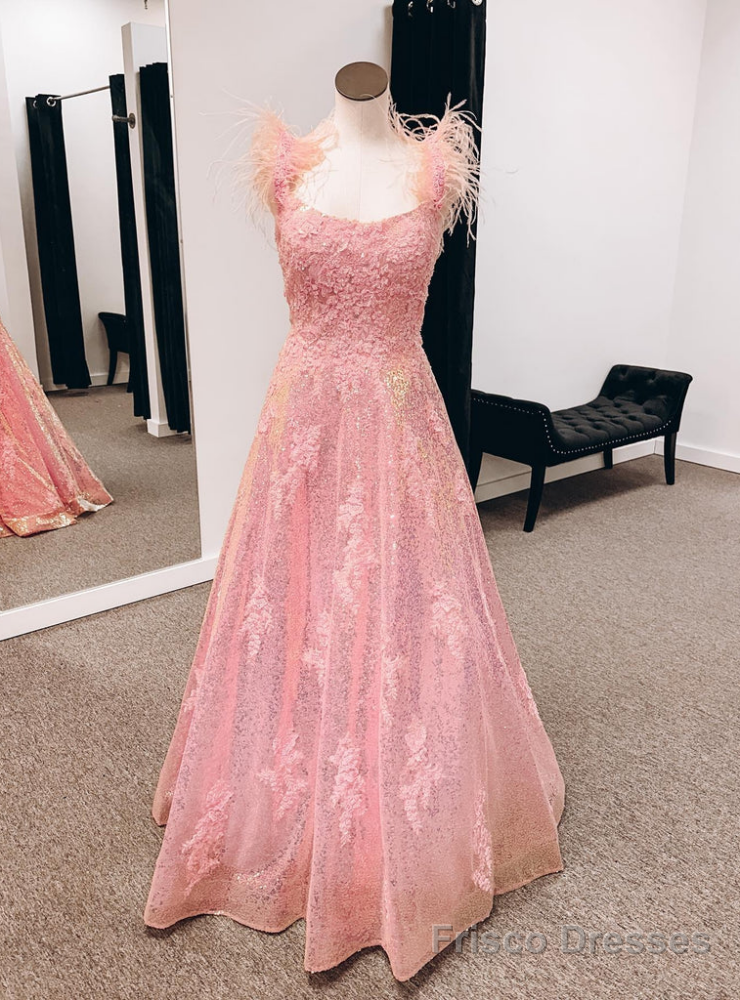 Pink Sequins Appliques Feather Backless Prom Dress Main image