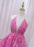 Pink Sequins Halter Backless Short Homecoming Dress, Pink Short Formal Prom Dress