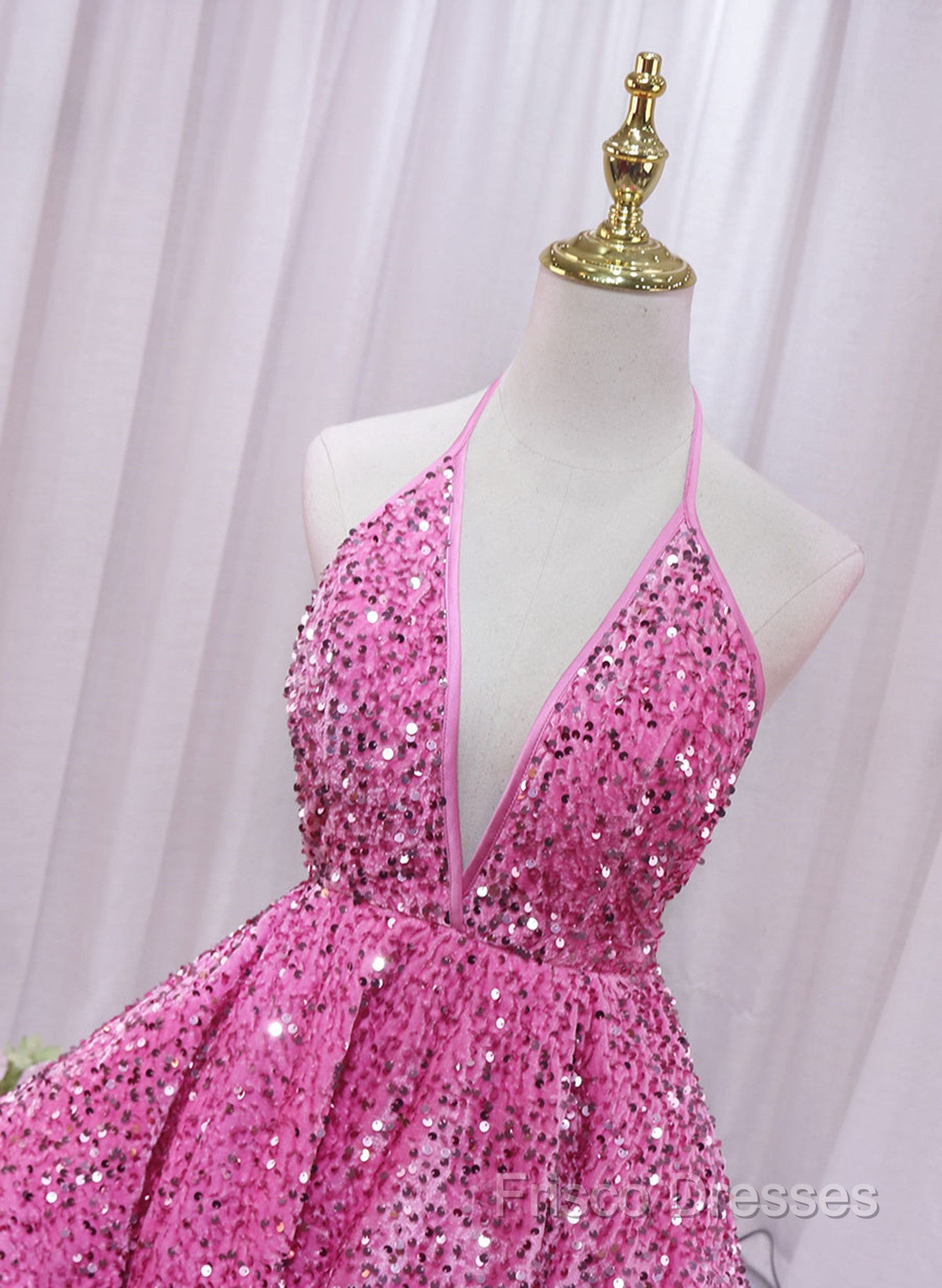 Pink Sequins Halter Backless Short Homecoming Dress, Pink Short Formal Prom Dress