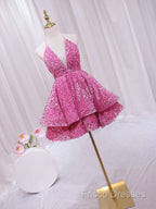 Pink Sequins Halter Backless Short Homecoming Dress, Pink Short Formal Prom Dress