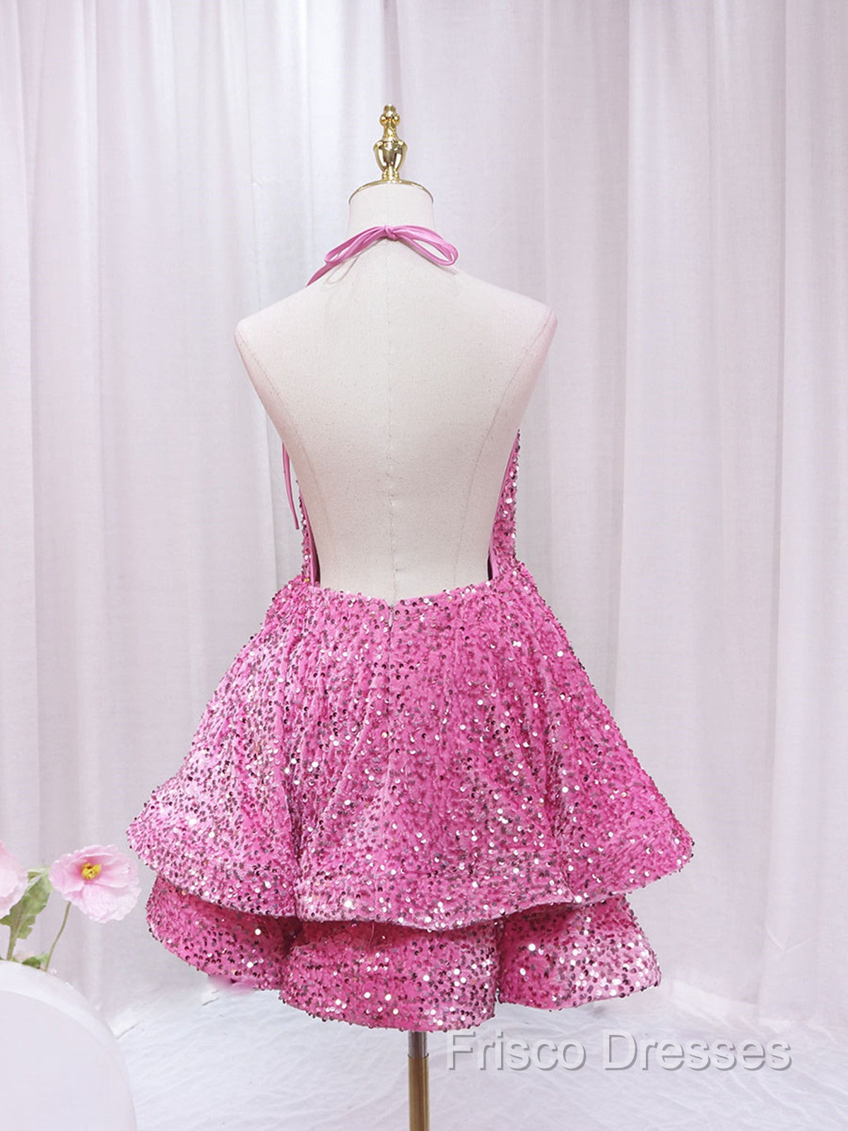 Pink Sequins Halter Backless Short Homecoming Dress, Pink Short Formal Prom Dress