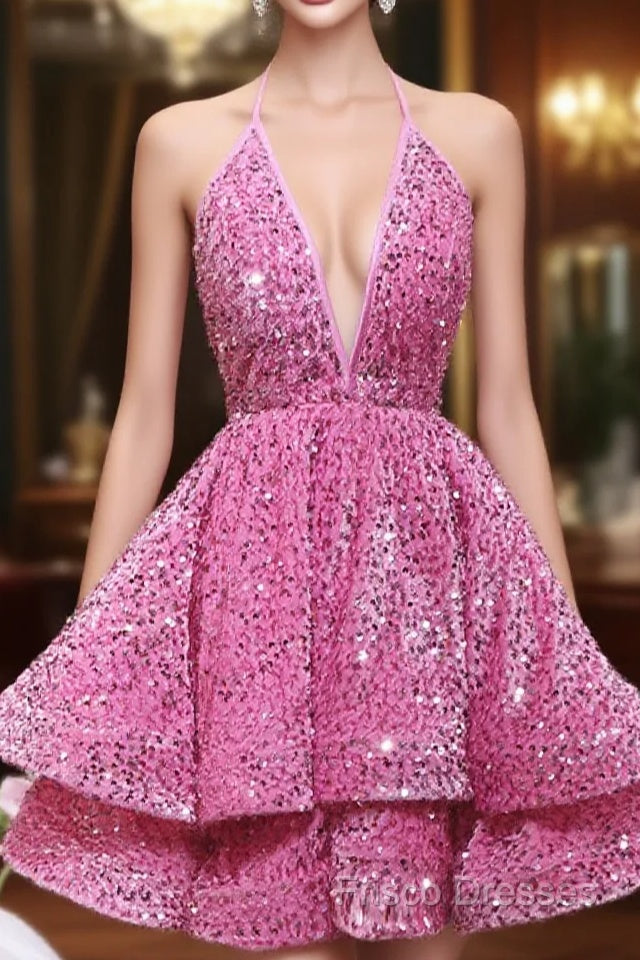 Pink Sequins Halter Backless Short Homecoming Dress, Pink Short Formal Prom Dress Main image