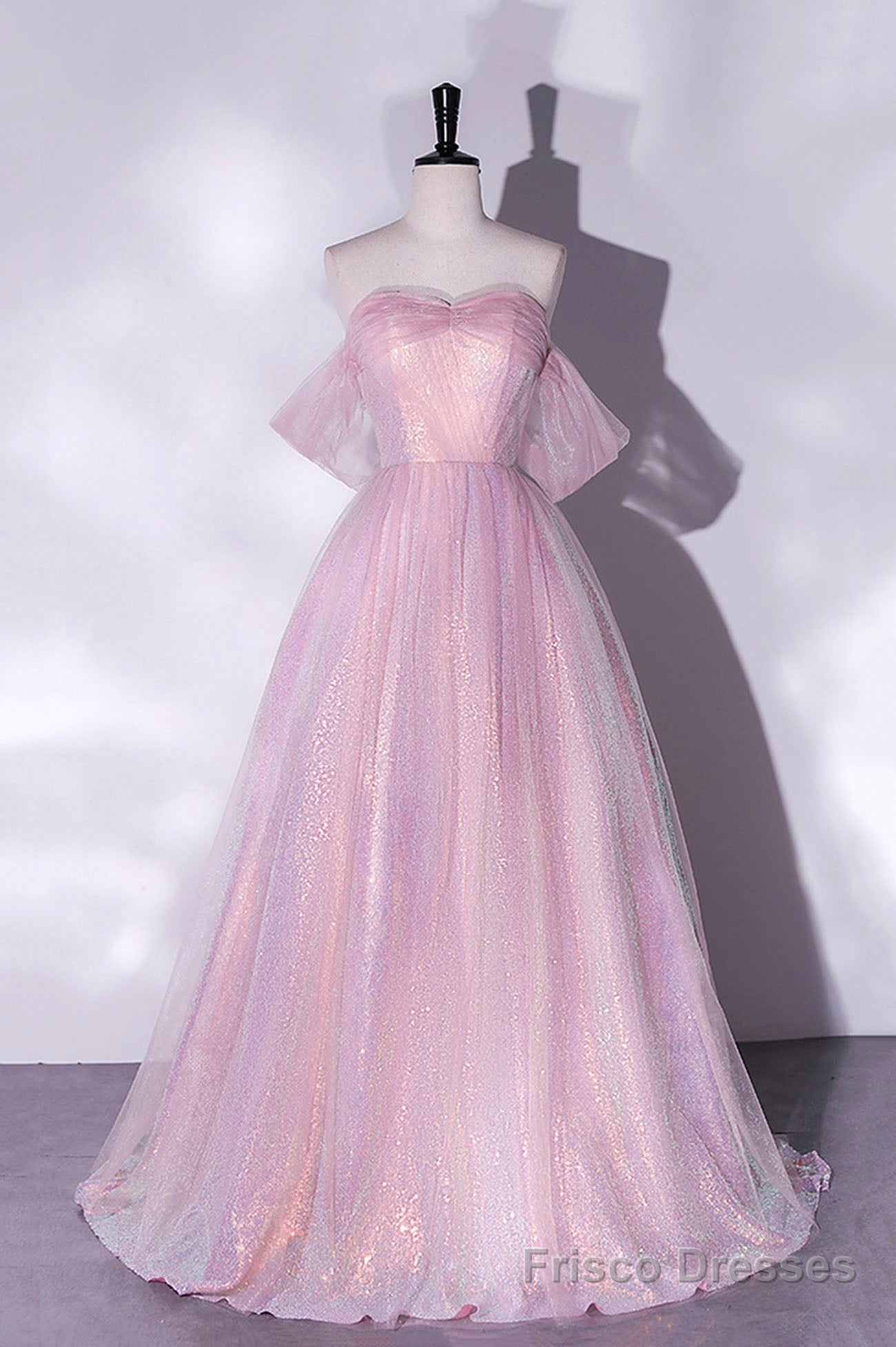 Pink Sequins Long A-Line Prom Dress, Off the Shoulder Evening Party Dress Secondary image