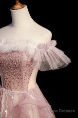 Pink Sequins Long A-Line Prom Dress, Off the Shoulder Evening Party Dress