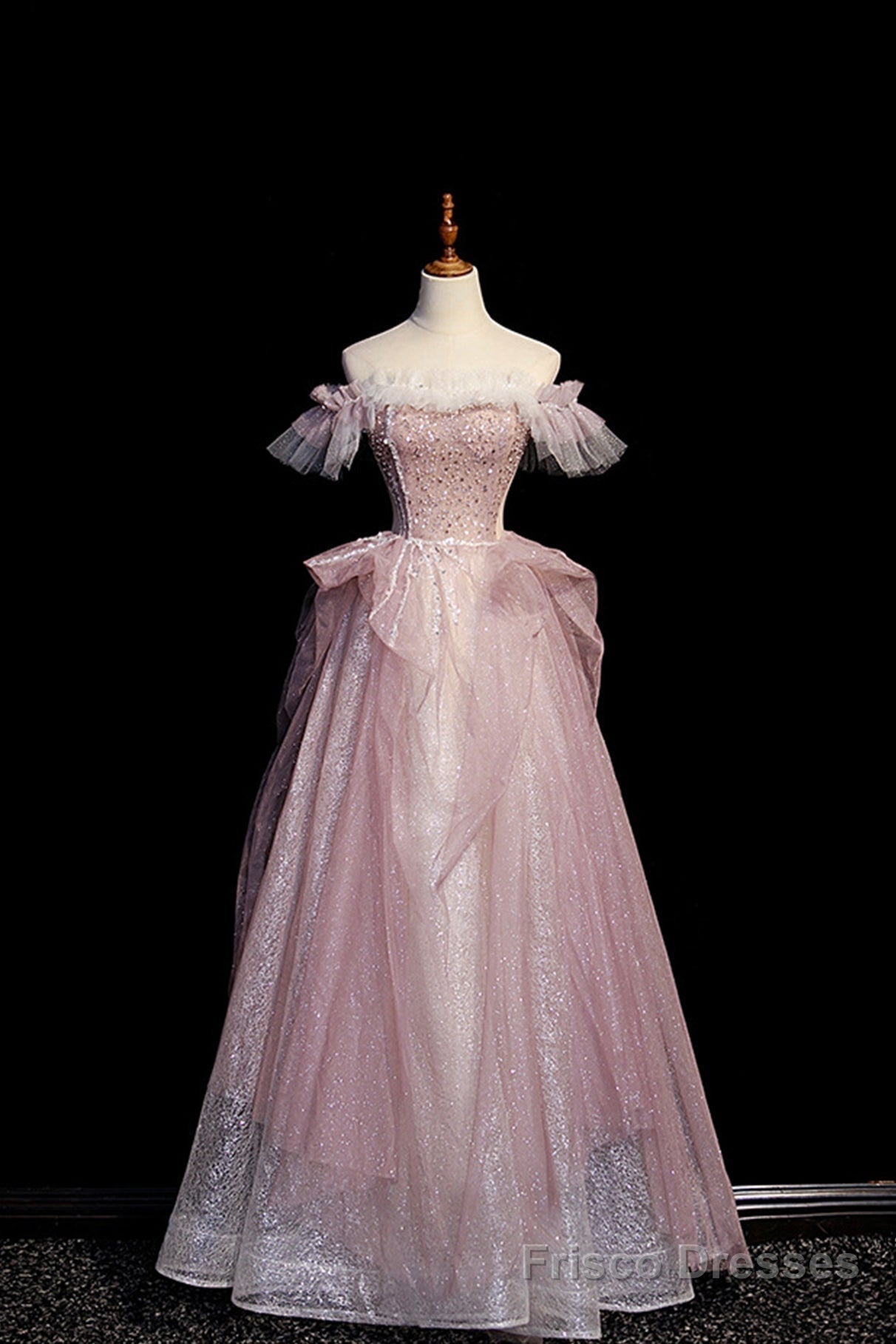 Pink Sequins Long A-Line Prom Dress, Off the Shoulder Evening Party Dress Main image