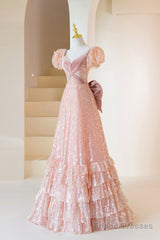 Pink Sequins Long Prom Dress, A-Line Short Sleeve Evening Dress