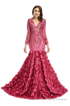Sequins Mermaid Long V Neck Prom Dresses Full Sleeve