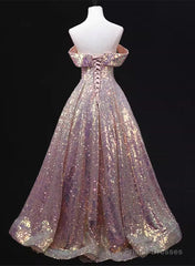 Pink Sequins Off Shoulder A-Line Long Prom Dress, Sequins Evening Dress