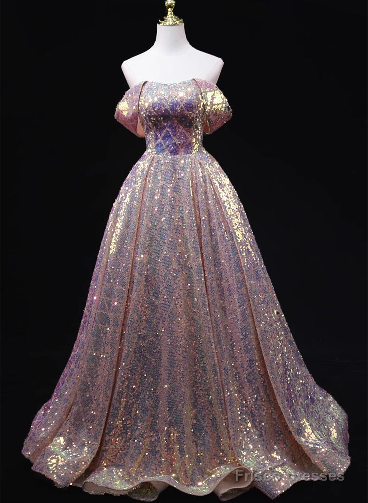 Pink Sequins Off Shoulder A-Line Long Prom Dress, Sequins Evening Dress