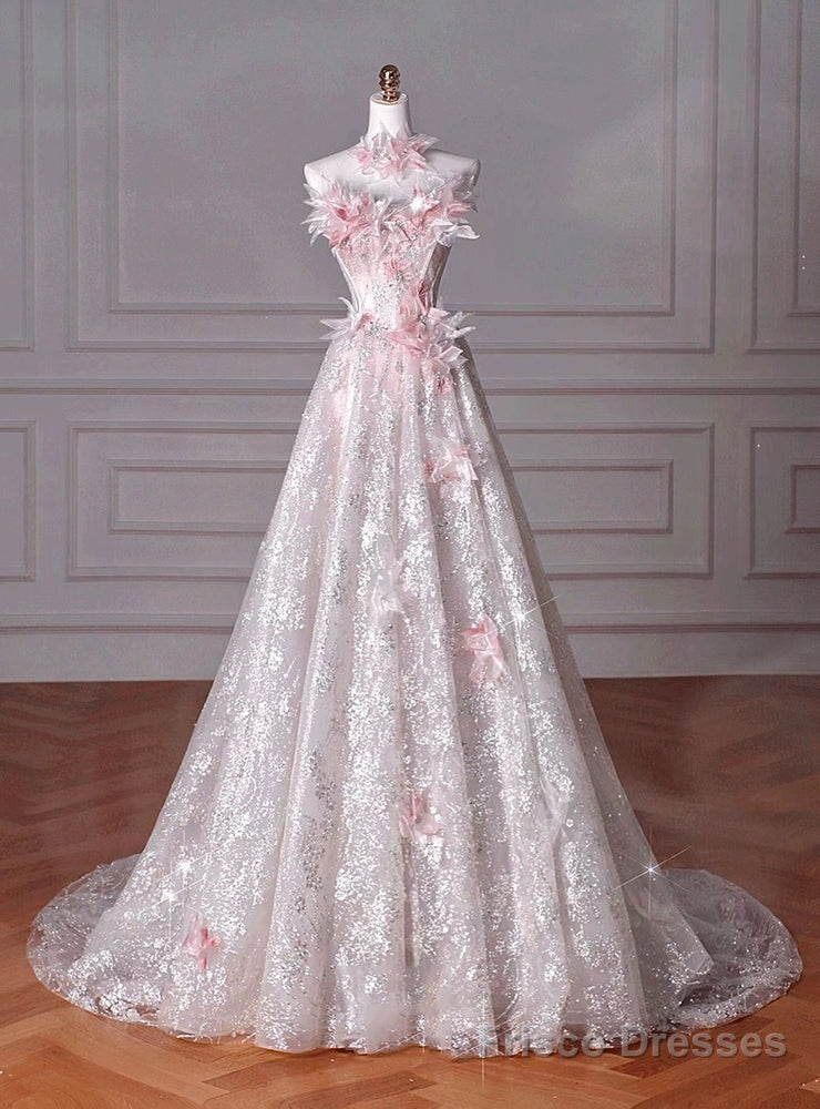 Pink Sequins Strapless 3D Flower Prom Dress Main image