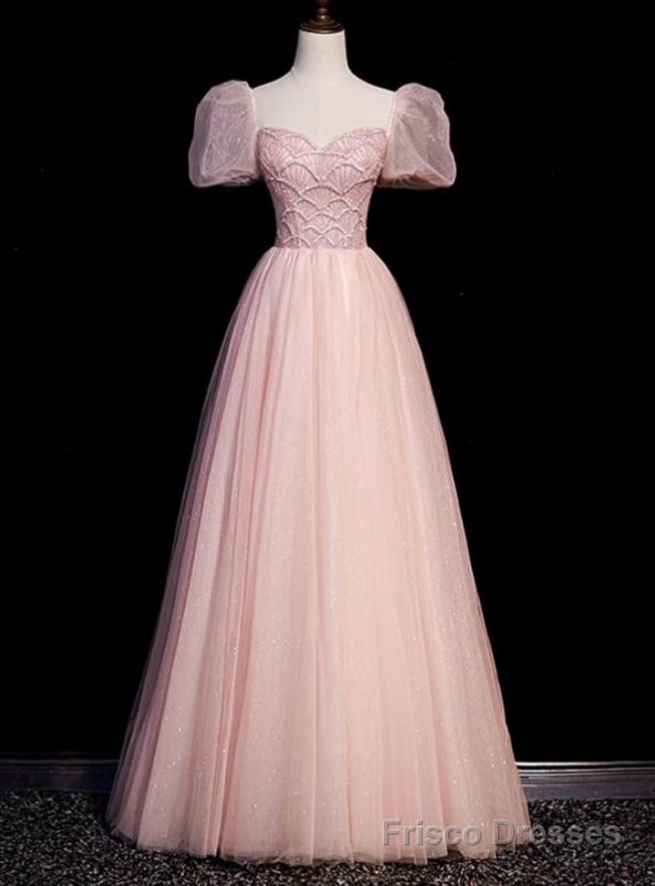 Pink Sequins Tulle Puff Sleeve Beading Prom Dress Main image