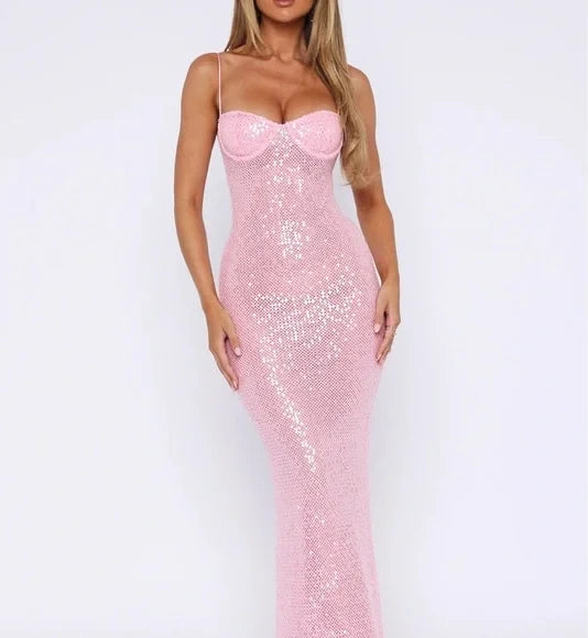 Pink Shiny Fashion Elegant Long Mermaid Slim Sequin Ball Gown Evening Dress Party Dress
