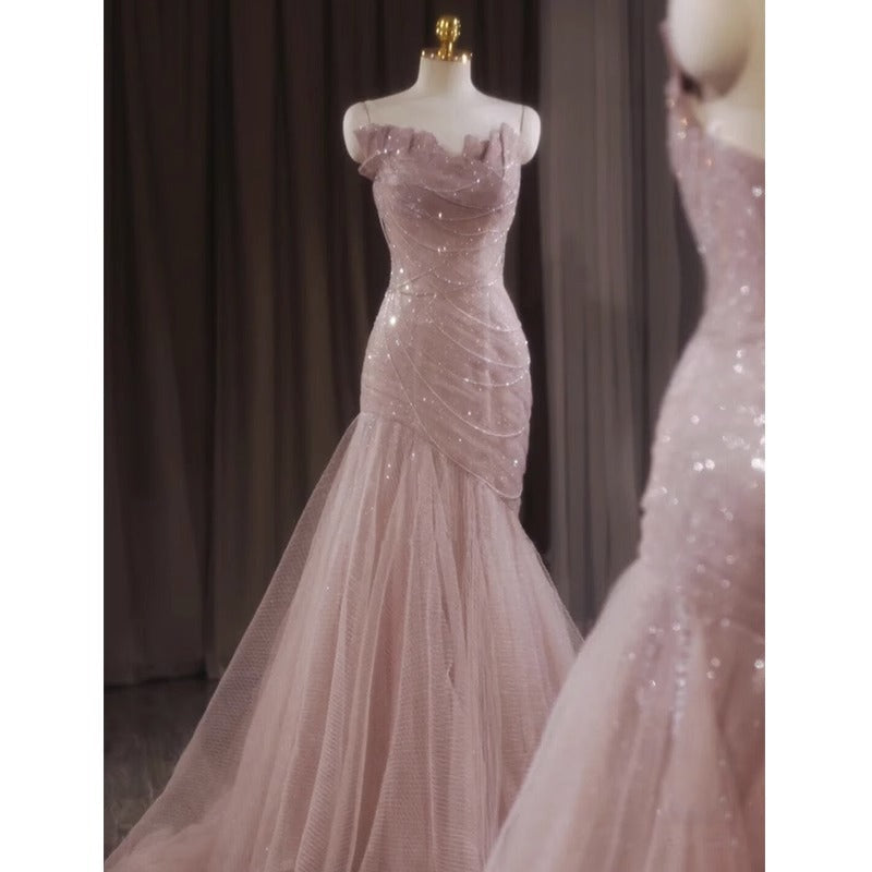 Pink Shiny Tulle Mermaid Prom Dress Fairy Formal Evening Dress