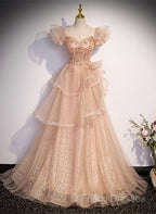 Pink Shiny Tulle Sweetheart Long Layers Party Dress, A-Line Pink Tulle Formal Dress Formal Prom Dress