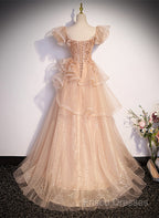 Pink Shiny Tulle Sweetheart Long Layers Party Dress, A-Line Pink Tulle Formal Dress Formal Prom Dress
