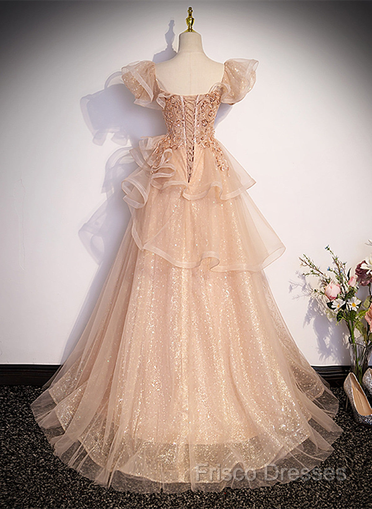 Pink Shiny Tulle Sweetheart Long Layers Party Dress, A-Line Pink Tulle Formal Dress Formal Prom Dress