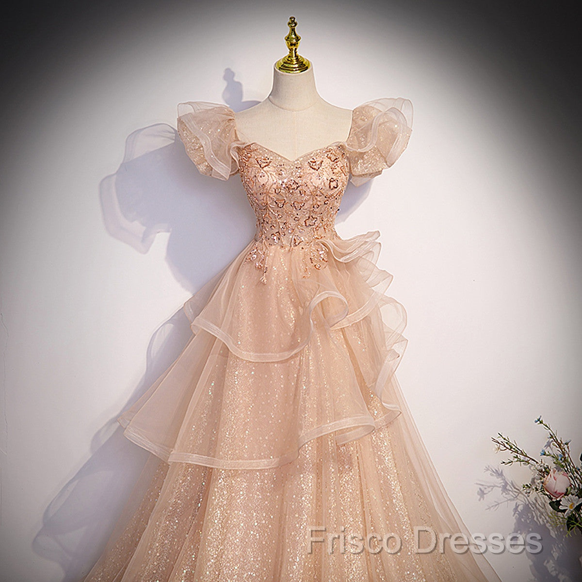 Pink Shiny Tulle Sweetheart Long Layers Party Dress, A-Line Pink Tulle Formal Dress Formal Prom Dress