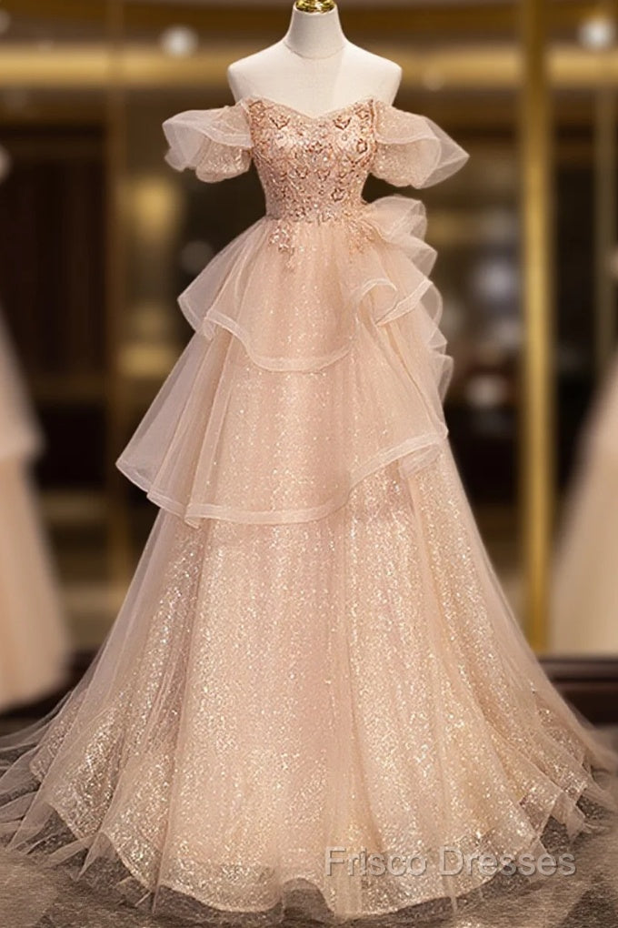 Pink Shiny Tulle Sweetheart Long Layers Party Dress, A-Line Pink Tulle Formal Dress Formal Prom Dress Main image