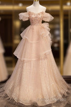 Pink Shiny Tulle Sweetheart Long Layers Party Dress, A-Line Pink Tulle Formal Dress Formal Prom Dress