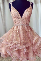 Pink Short Homecoming Dresses Sequined Party Dress  V-Neck Evening Dress