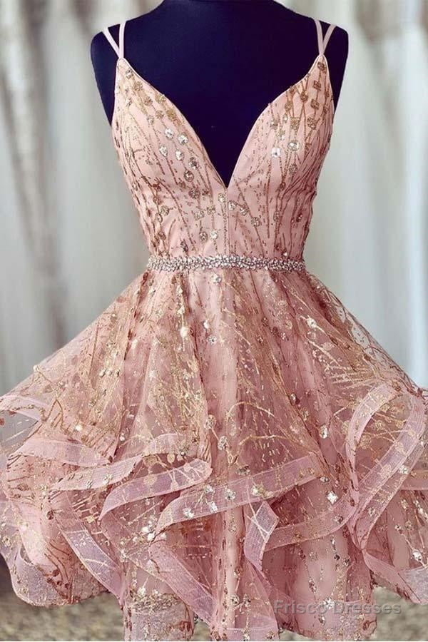 Pink Short Homecoming Dresses Sequined Party Dress  V-Neck Evening Dress