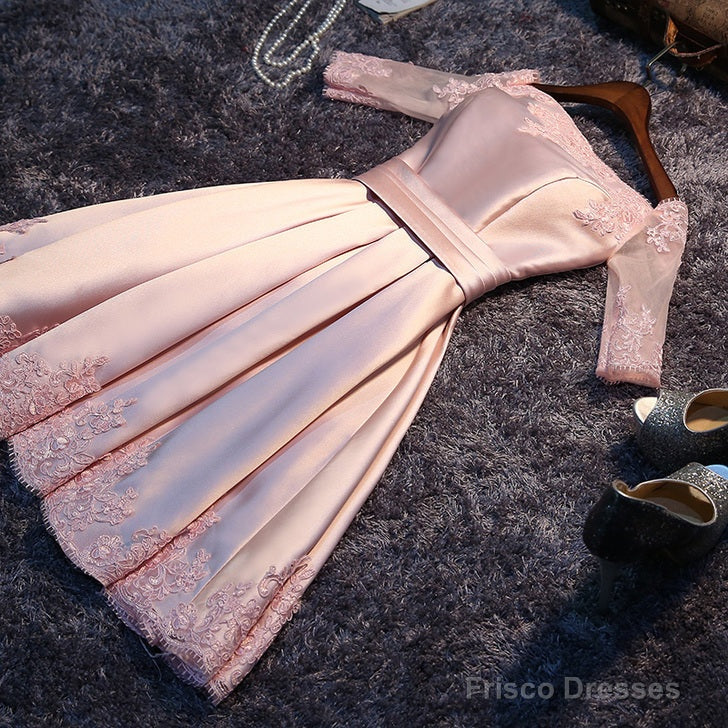 Pink Short Satin With Lace Round Neckline Wedding Party Dresses, Pink Cute Homecoming Dress