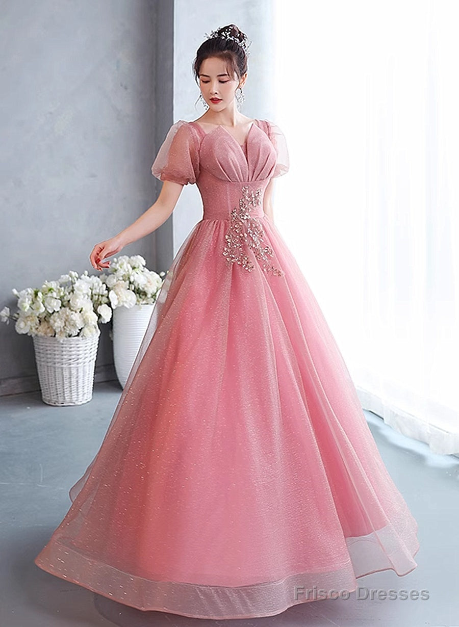 Pink Short Sleeves Beaded Tulle Long Formal Dress, Pink Tulle Prom Dress Evening Dress Secondary image